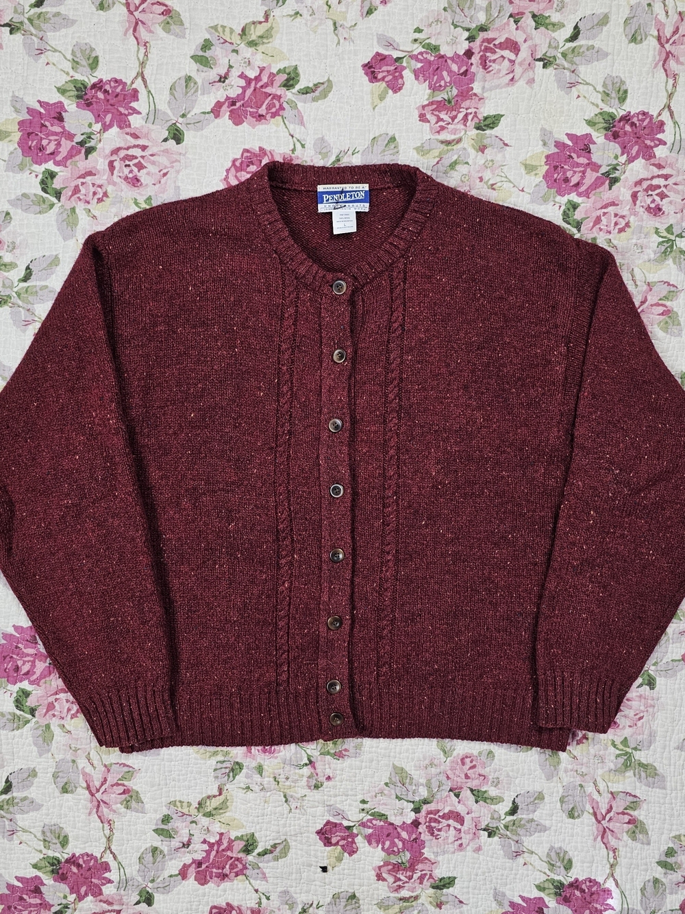 Pendleton Women’s Burgundy Wool Knit V-Neck Button-Up Cardigan Sweater L